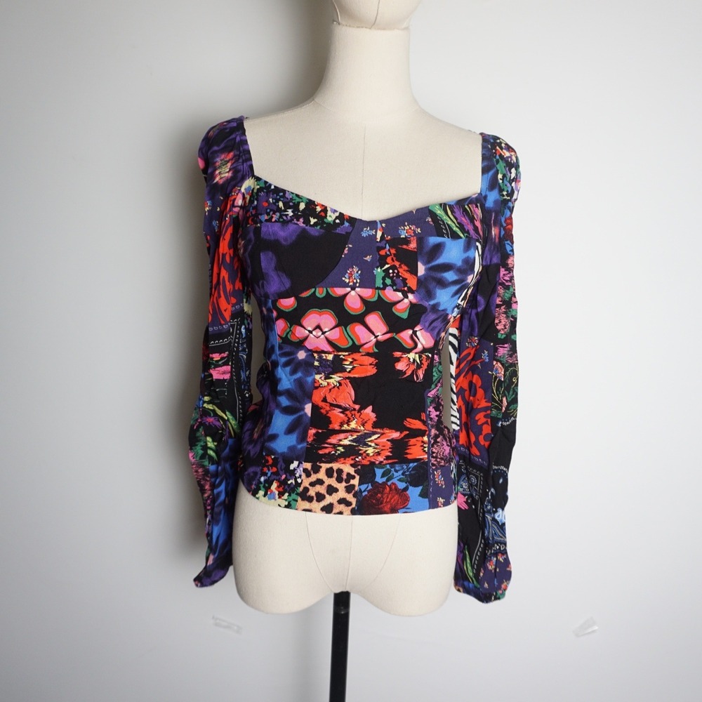 Desigual Womens Patchwork Floral Leopard Sweetheart Neck Long Sleeve Top Multi